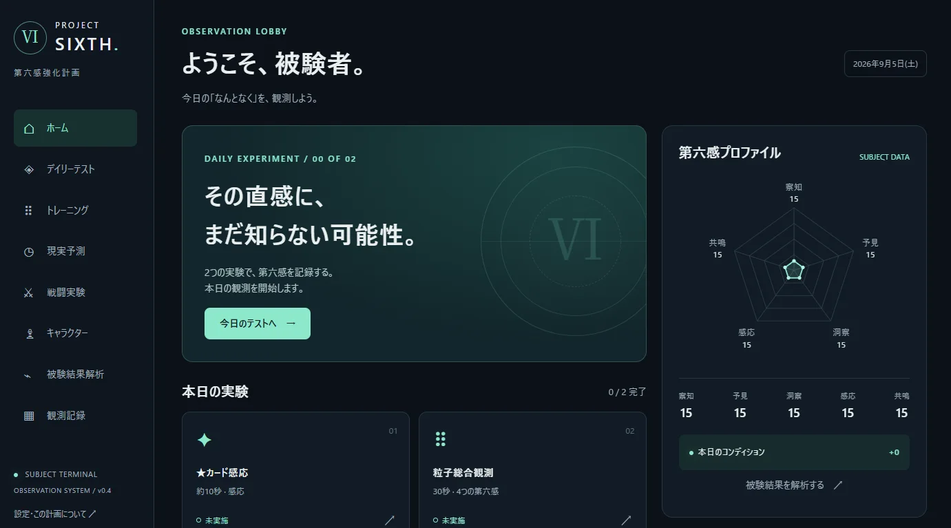 PROJECT SIXTHの観測ロビー。今日のテストと第六感プロフィールが表示されている