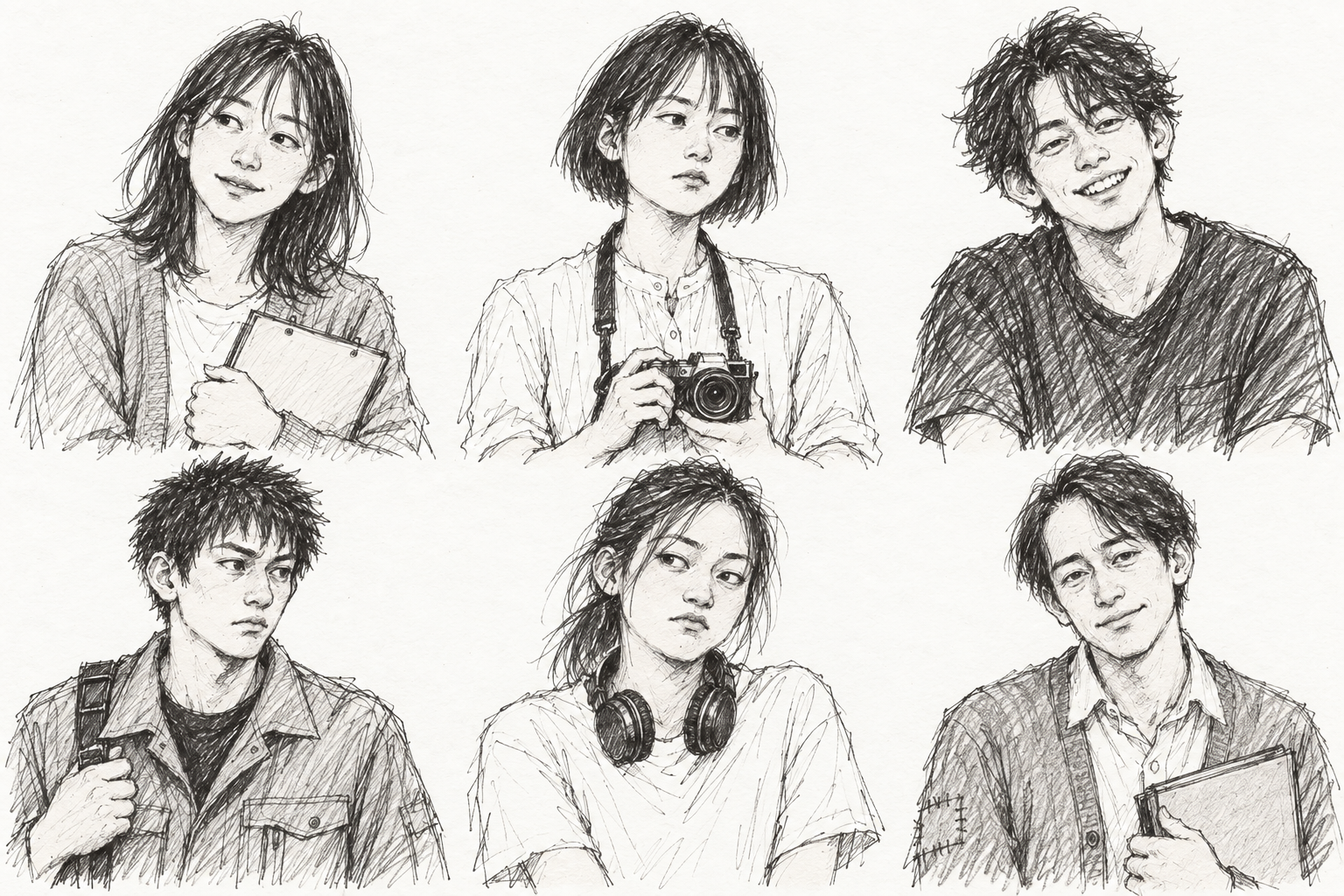 灯、律、航、久住、沙帆、西崎の鉛筆画