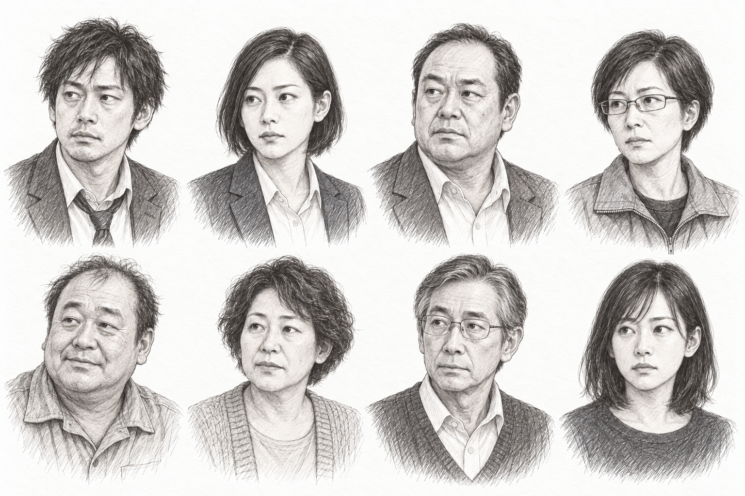 戸崎岳、成瀬千紘、広瀬修一、新見郁子、宇津木健、宇津木恵、北原仁、北原詩乃の人物画