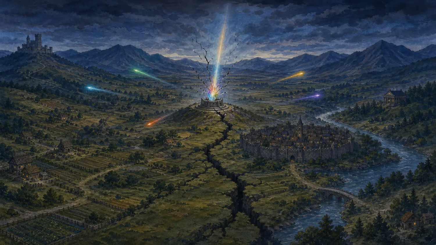 大地の亀裂と六色の光を描いたプリズム崩壊の情景