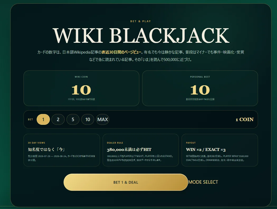 WIKI BLACKJACKのロビー画面。ベット額、所持コイン、目標500,000とディーラーのルールが表示されている