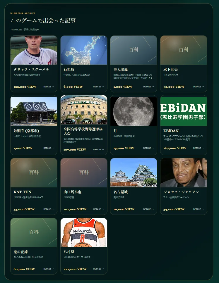 ゲームで出会ったWikipedia記事がカード形式で並ぶコレクション画面