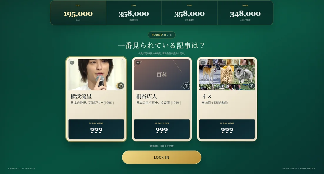WIKI COUNT-UP第8ラウンドで最も見られている記事を3枚から選ぶ画面