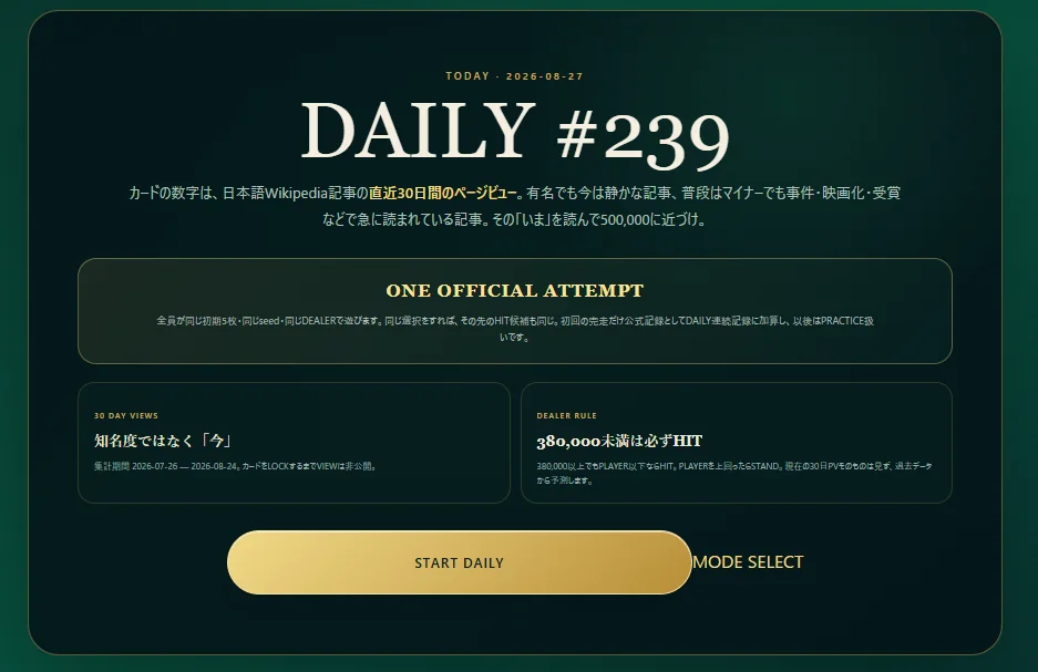 DAILY CHALLENGEの開始画面。同じ初期5枚とSEEDで挑む1日1回の公式記録と説明されている